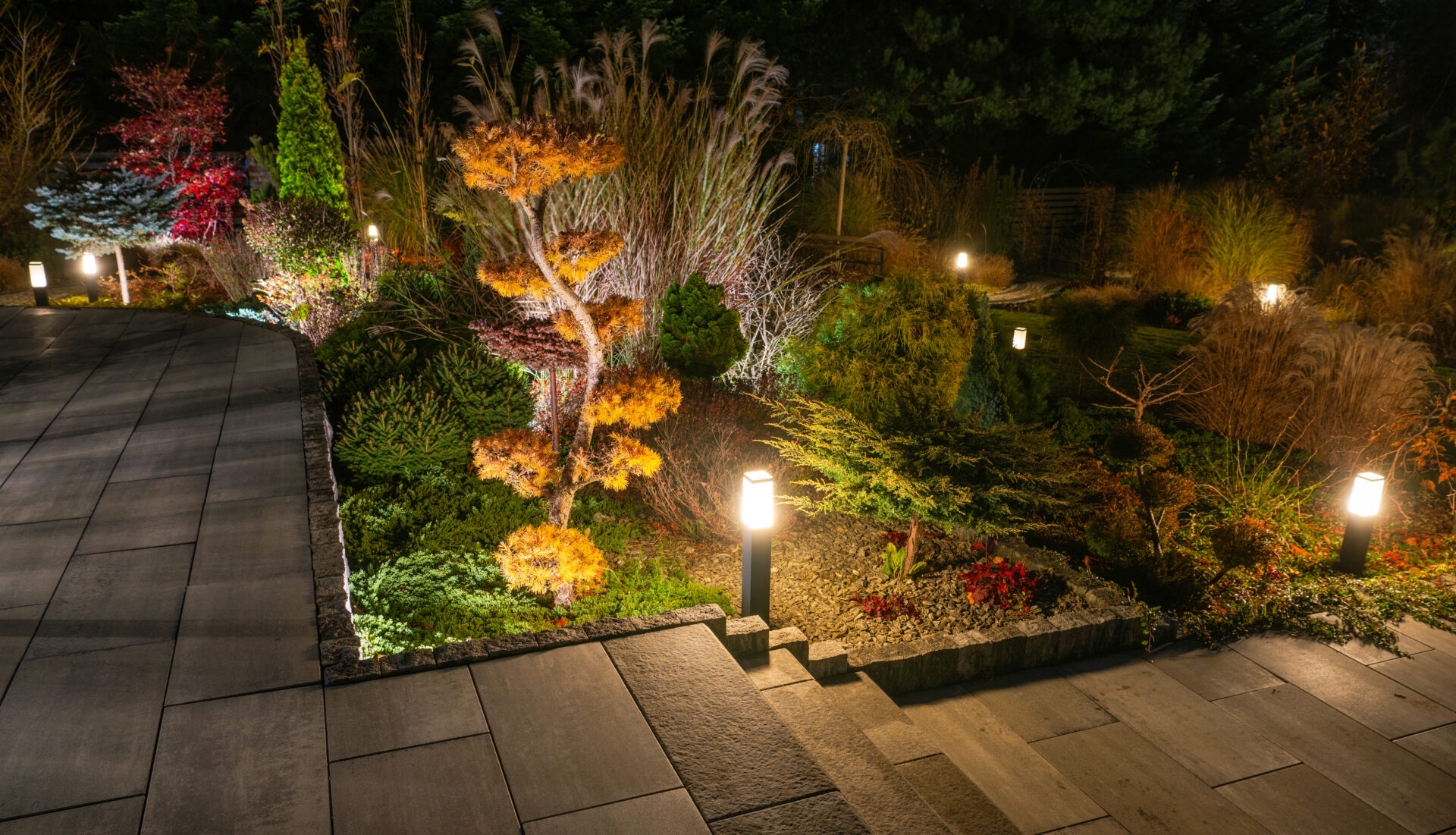 Garden lighting installed outdoors illuminating the garden pathway