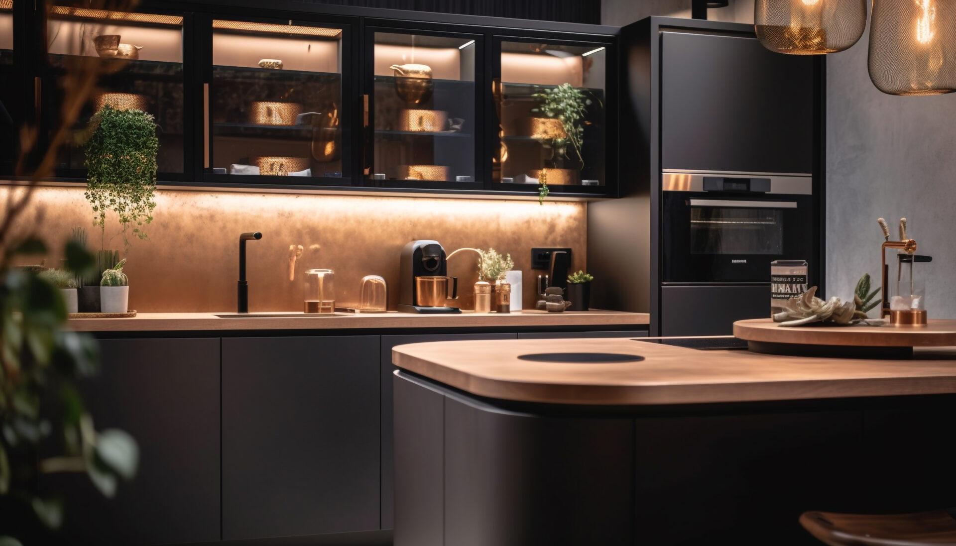 Kitchen with oven and under cabinet lighting