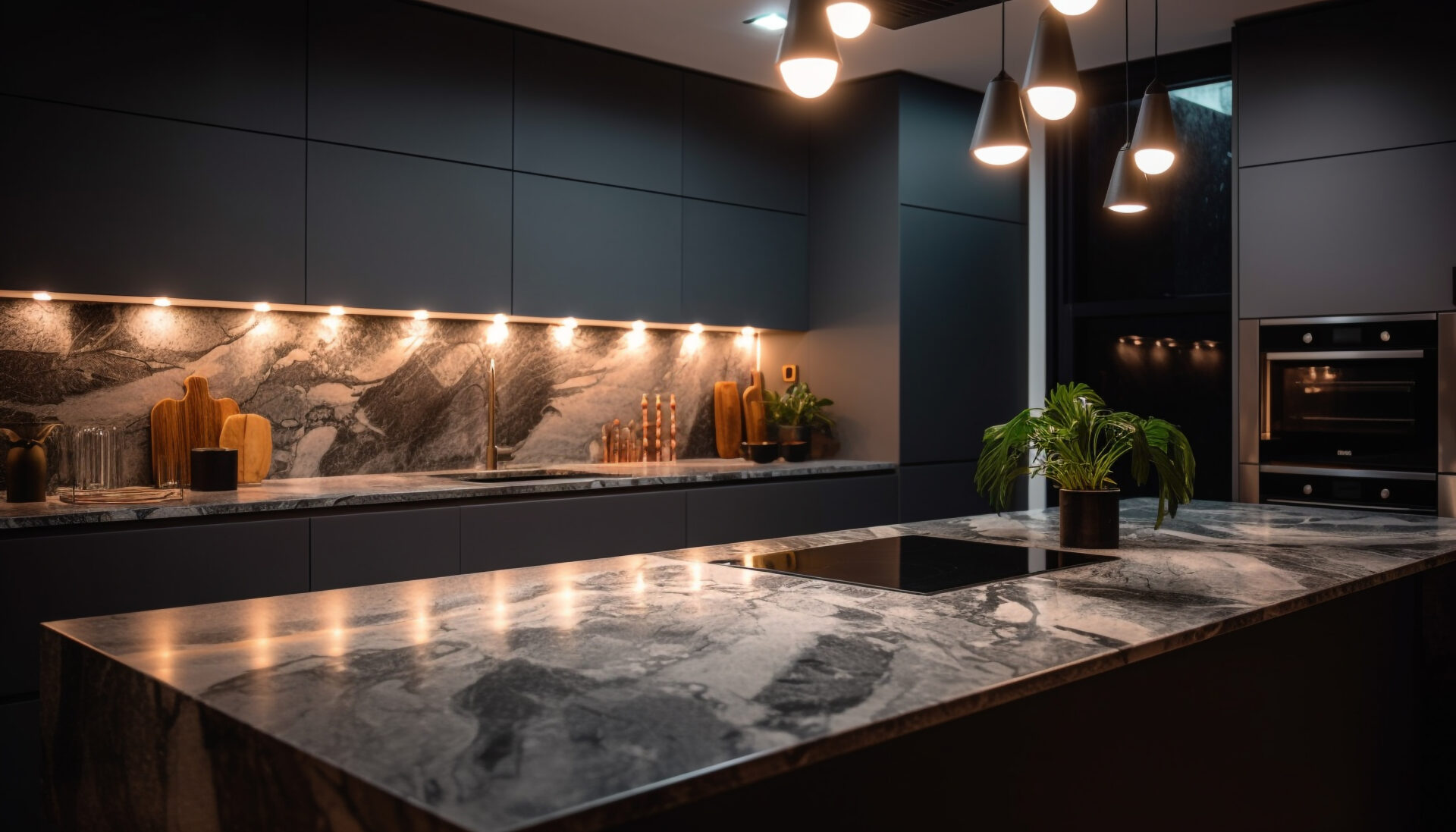 Kitchen with oven and under cabinet lighting installed and island with electric stove, and pendent style lights above